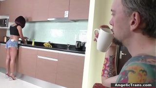 Busty TS asian suck and bareback by bf in the kitchen
